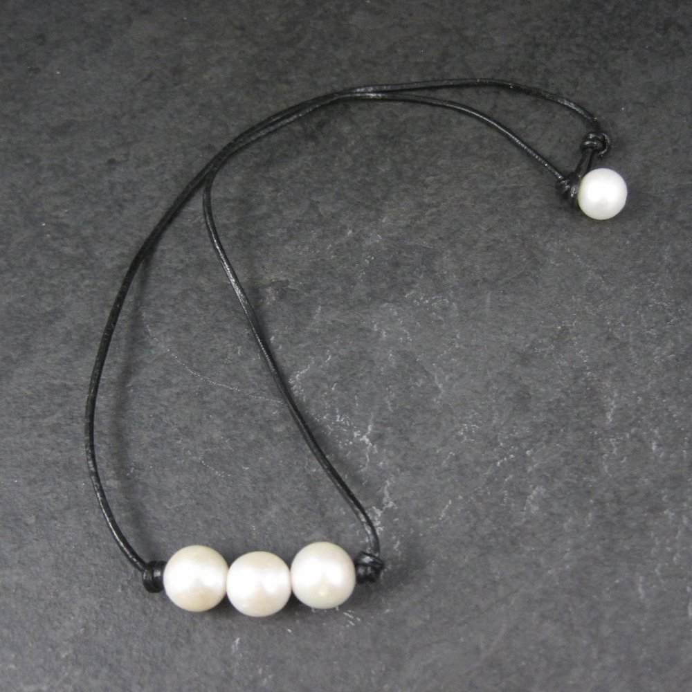 Simple Leather and Genuine Pearl Necklace 16 Inches